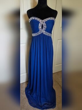 Royal BLUE JEWLED Strapless CHIFFON Formal PROM Evening GOWN SIZE Jr 11